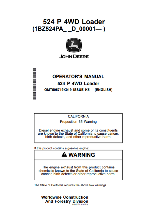 JOHN DEERE 524 P 4WD LOADER OPERATOR MANUAL OMT505719X019