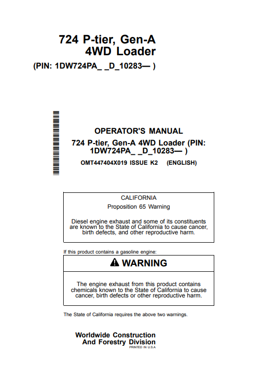 JOHN DEERE 724 P-TIER, GEN-A 4WD LOADER OPERATOR MANUAL OMT447404X019