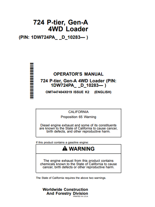 JOHN DEERE 724 P-TIER, GEN-A 4WD LOADER OPERATOR MANUAL OMT447404X019
