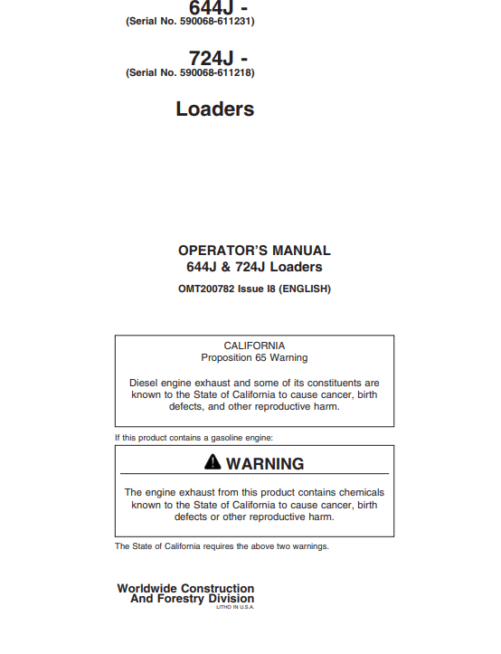 JOHN DEERE 644J & 724J LOADER OPERATOR MANUAL OMT200782