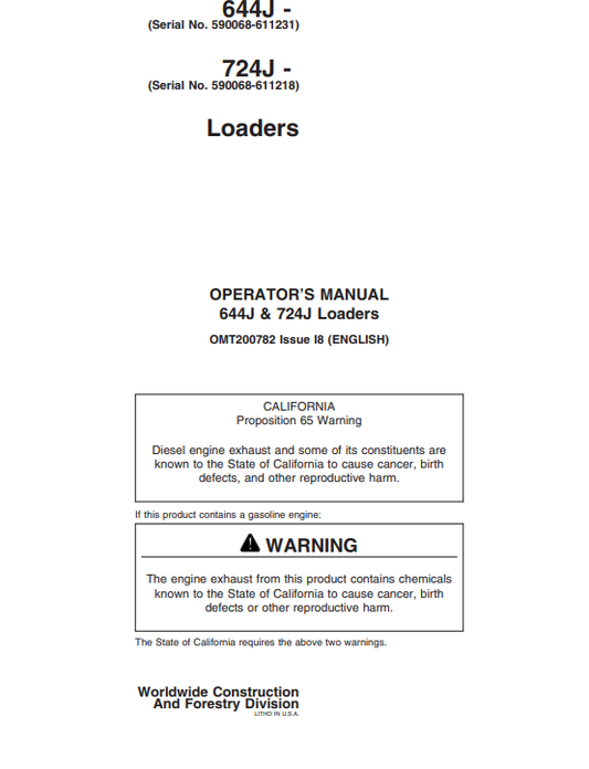 JOHN DEERE 644J & 724J LOADER OPERATOR MANUAL OMT200782