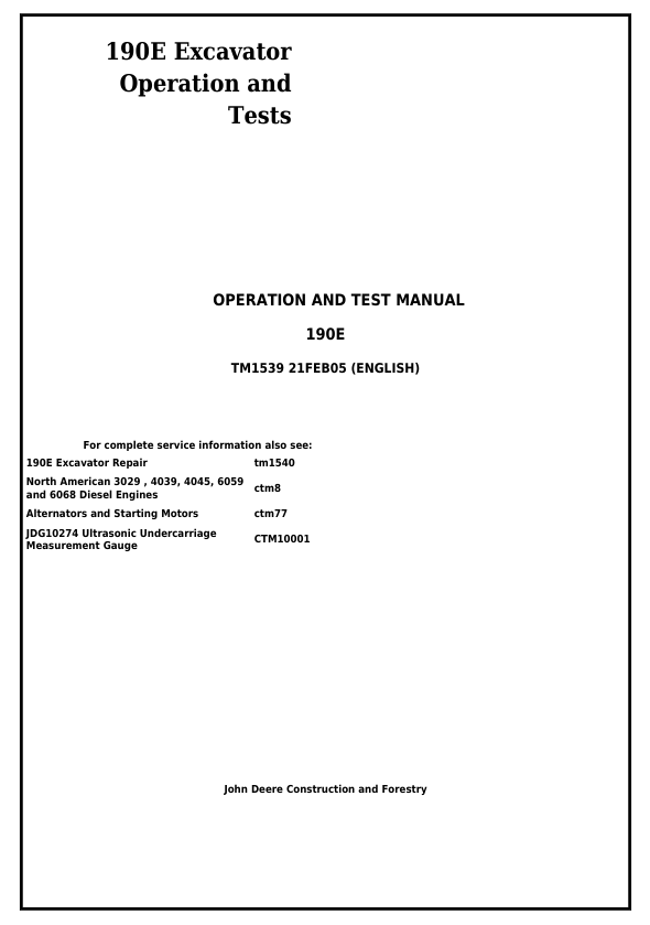 JOHN DEERE 190E EXCAVATOR OPERATION AND TEST MANUAL TM1539