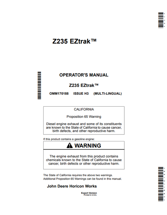 JOHN DEERE Z235 EZTRAK™ OPERATOR MANUAL OMM170188