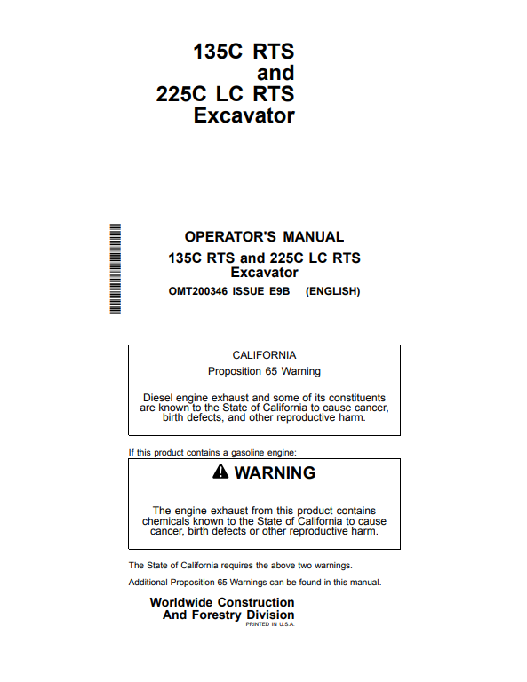 JOHN DEERE 135C RTS AND 225C LC RTS EXCAVATOR OPERATOR MANUAL OMT200346