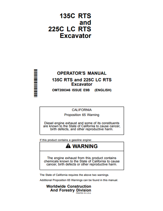 JOHN DEERE 135C RTS AND 225C LC RTS EXCAVATOR OPERATOR MANUAL OMT200346