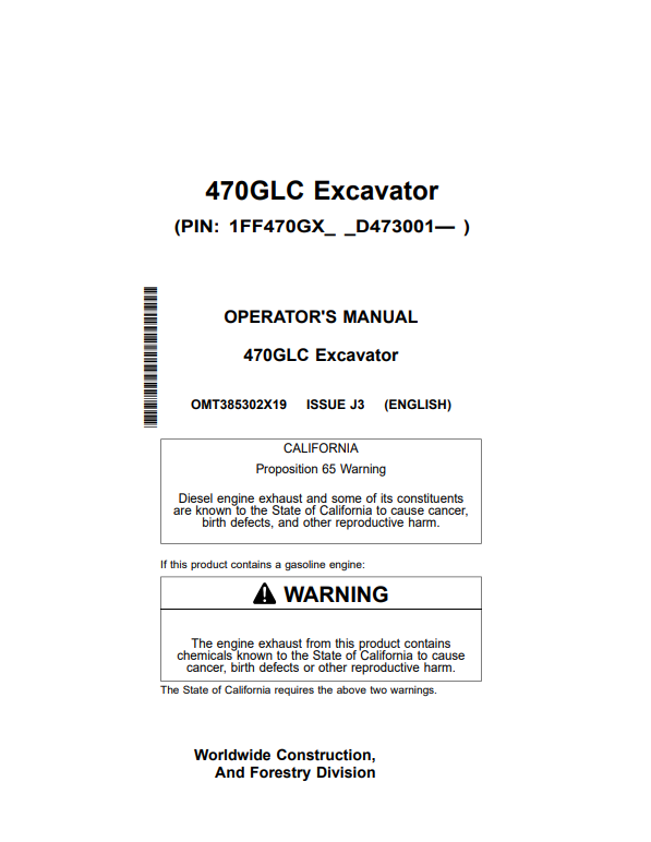 JOHN DEERE 470GLC EXCAVATOR OPERATOR MANUAL OMT385302X19