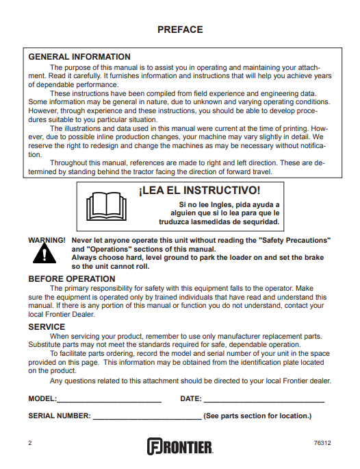 JOHN DEERE AB16, AB17, AE11, AF11, AF12, AG10, AH11, AS10, AS11 SPECIALTY LOADER ATTACHMENTS 0PERATOR AND PARTS MANUAL 5MP76312