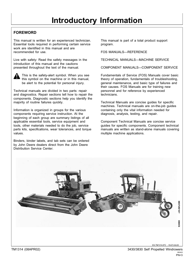 JOHN DEERE 3430 AND 3830 SELF-PROPELLED WINDROWER TECHNICAL MANUAL TM1314