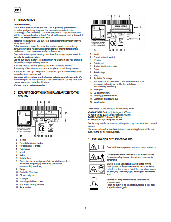 JOHN DEERE 43-ACCU VARIO, 47-ACCU VARIO, R43BV, R47BV LAWN MOWERS OPERATOR MANUAL SAU15828