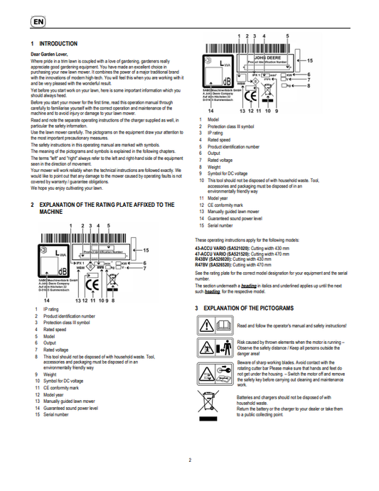 JOHN DEERE 43-ACCU VARIO, 47-ACCU VARIO, R43BV, R47BV LAWN MOWERS OPERATOR MANUAL SAU15828