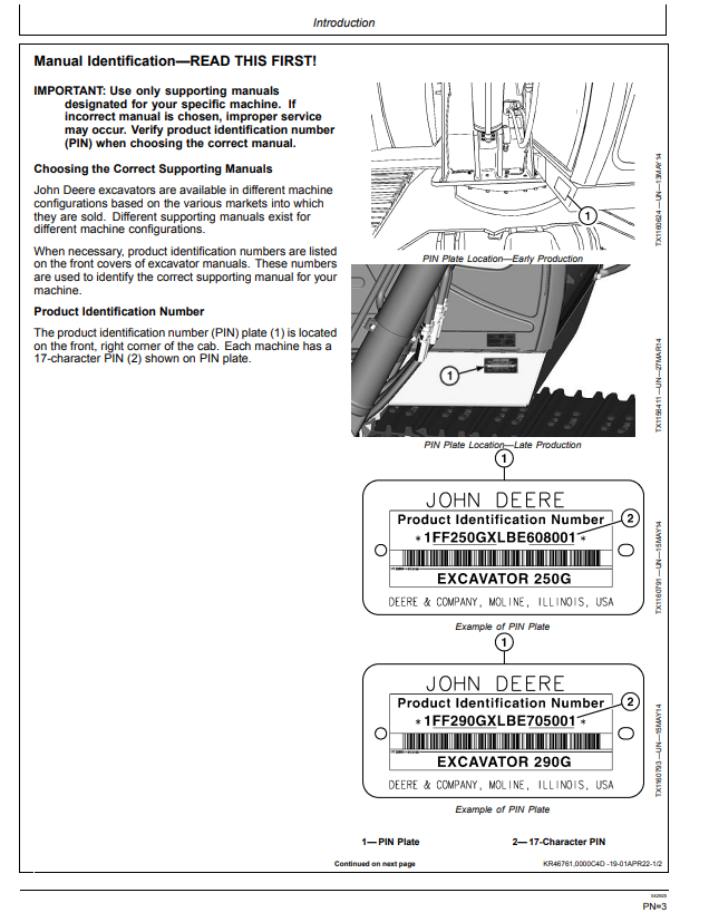 JOHN DEERE 250GLC AND 290GLC EXCAVATOR OPERATOR MANUAL OMT289049