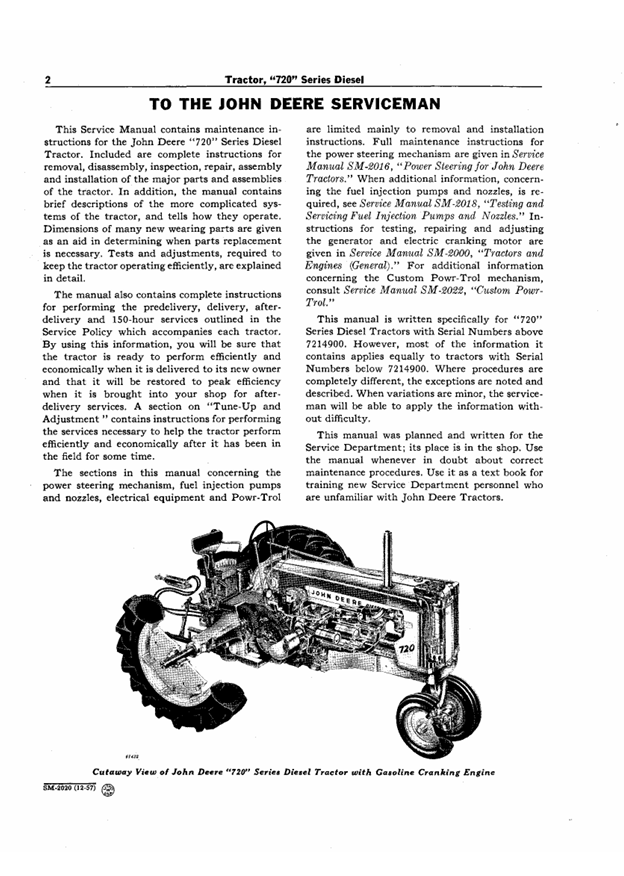 JOHN DEERE 720 SERIES DIESEL TRACTOR SERVICE MANUAL SM2020