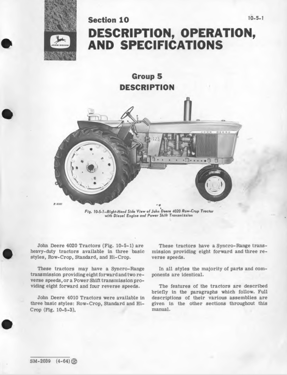 JOHN DEERE 4010, 4020 TRACTOR SERVICE MANUAL SM2039