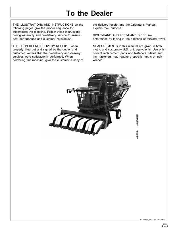 JOHN DEERE COTTON PICKER DES MOINES WORKS 7455 PDIN200536 ISSUE E7 PRE DELIVERY INSTRUCTION MANUAL