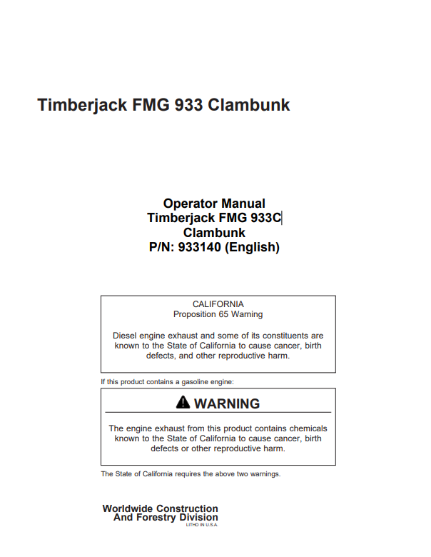 JOHN DEERE TIMBERJACK FMG 933 CLAMBUNK OPERATOR MANUAL 933102