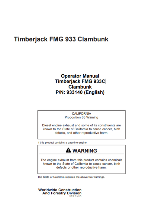 JOHN DEERE TIMBERJACK FMG 933 CLAMBUNK OPERATOR MANUAL 933102