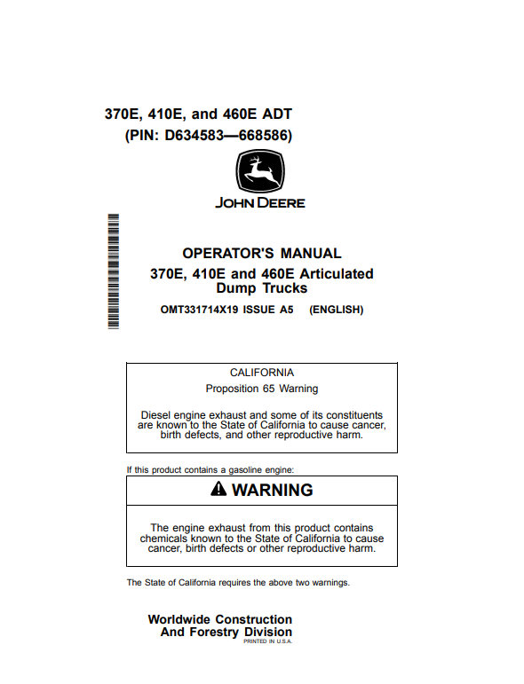 JOHN DEERE 370E, 410E AND 460E ARTICULATED DUMP TRUCK OPERATOR MANUAL OMT331714X19