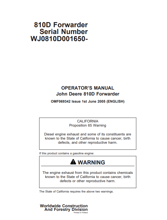 JOHN DEERE 810D FORWARDER OPERATOR MANUAL OMF069342