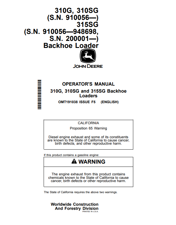 JOHN DEERE 310G, 310SG AND 315SG BACKHOE LOADER OPERATOR MANUAL OMT191038
