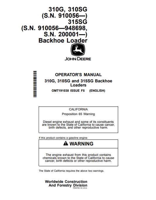 JOHN DEERE 310G, 310SG AND 315SG BACKHOE LOADER OPERATOR MANUAL OMT191038