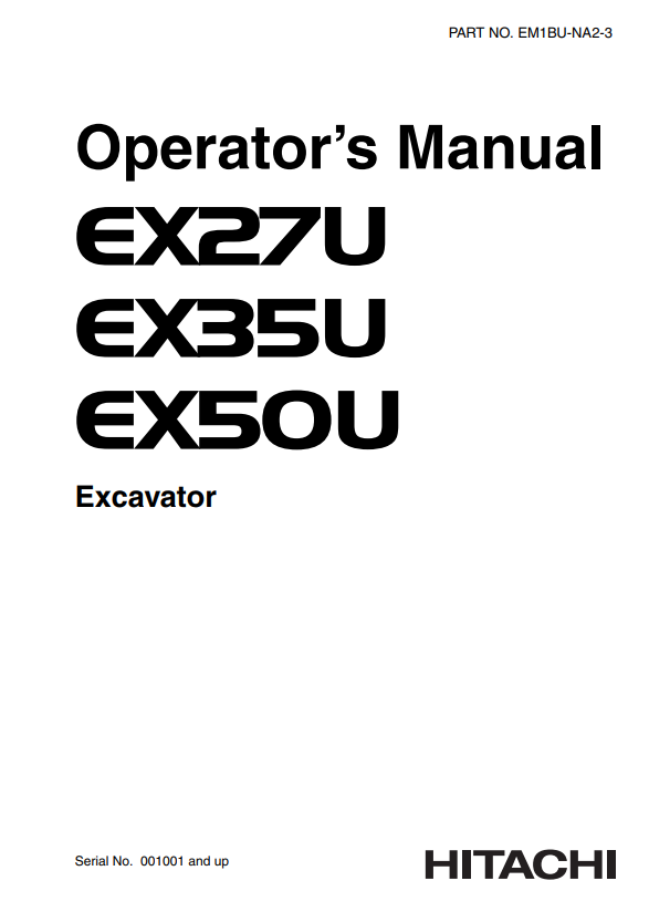 HITACHI EX27U, EX35U, EX50U EXCAVATOR OPERATOR MANUAL EM1BUNA23