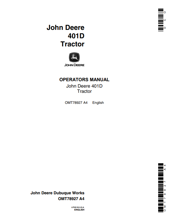 JOHN DEERE 401D TRACTOR OPERATOR MANUAL OMT78927