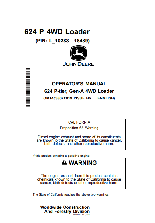 JOHN DEERE 624 P-TIER, GEN-A 4WD LOADER OPERATOR MANUAL OMT453607X019