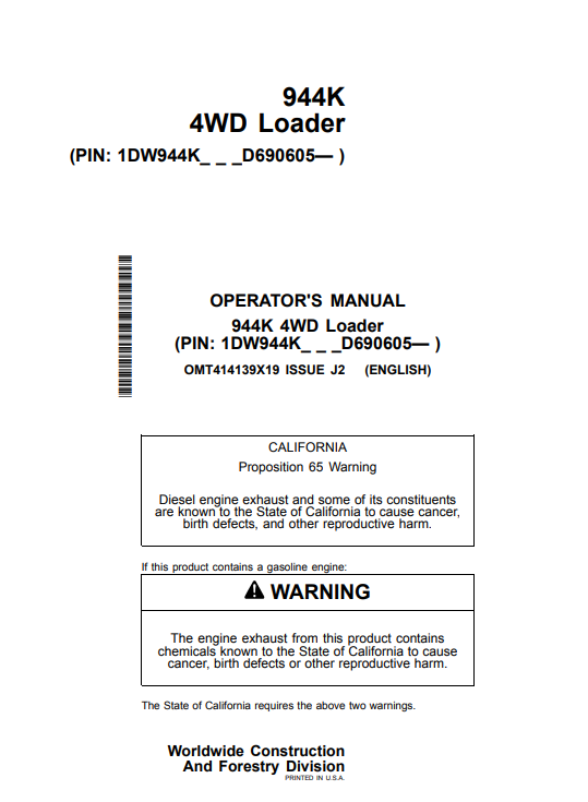 JOHN DEERE 944K 4WD LOADER OPERATOR MANUAL OMT414139X19