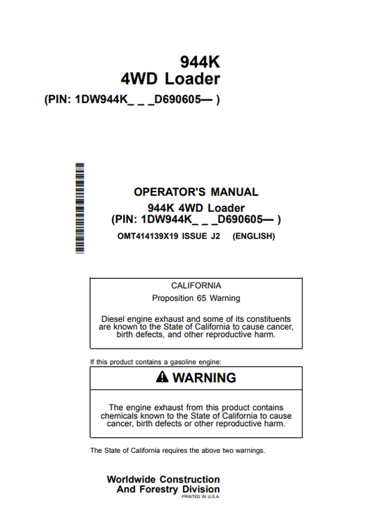 JOHN DEERE 944K 4WD LOADER OPERATOR MANUAL OMT414139X19