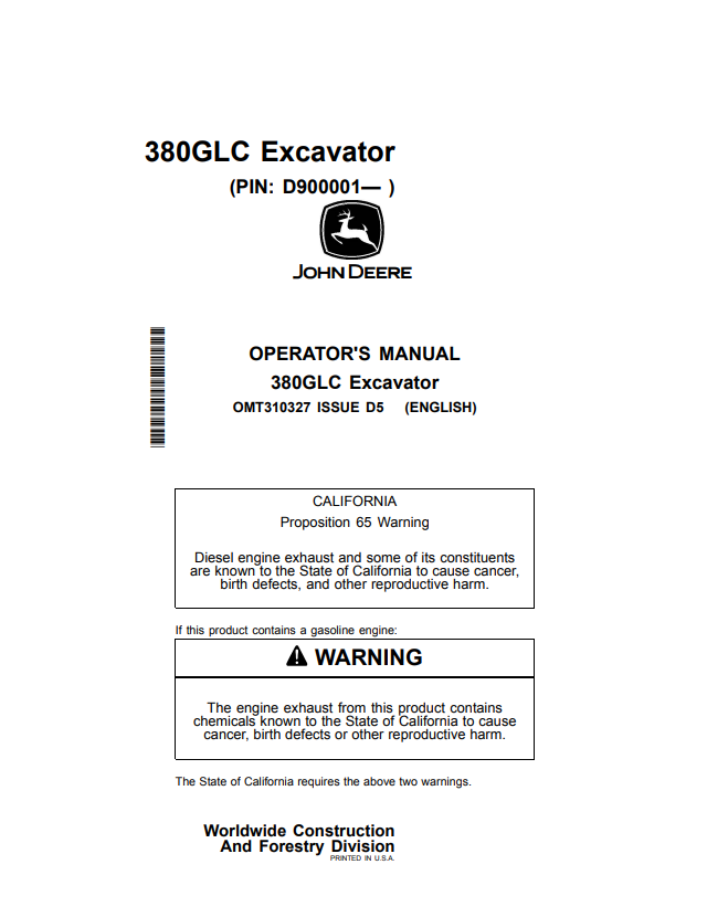 JOHN DEERE 350GLC EXCAVATOR OPERATOR MANUAL OMT310327