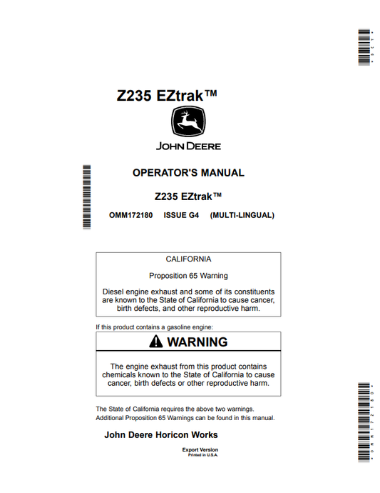 JOHN DEERE Z235 EZTRAK™ OPERATOR MANUAL OMM172180