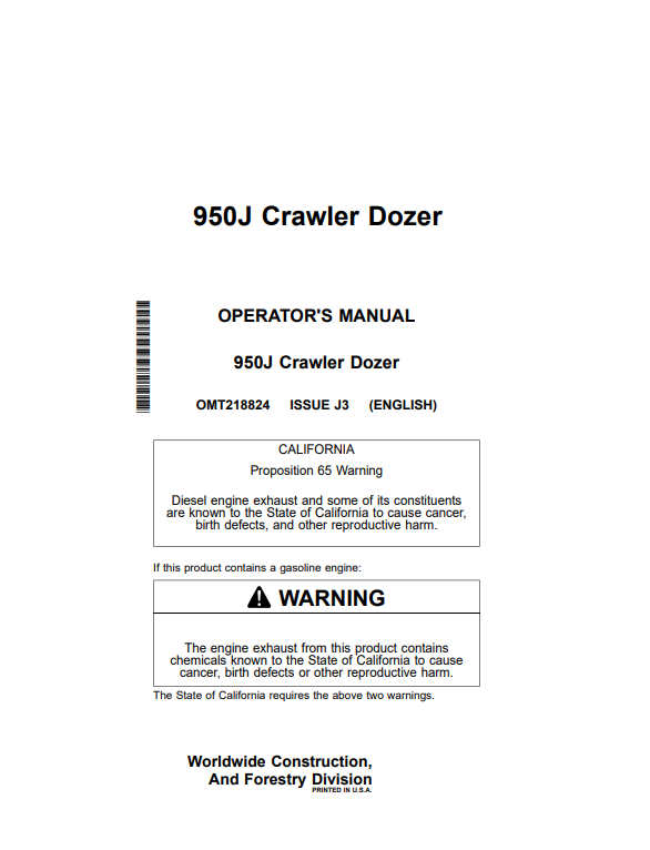 JOHN DEERE 950J CRAWLER DOZER OPERATOR MANUAL OMT218824