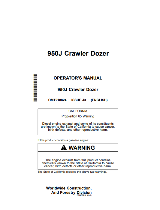 JOHN DEERE 950J CRAWLER DOZER OPERATOR MANUAL OMT218824