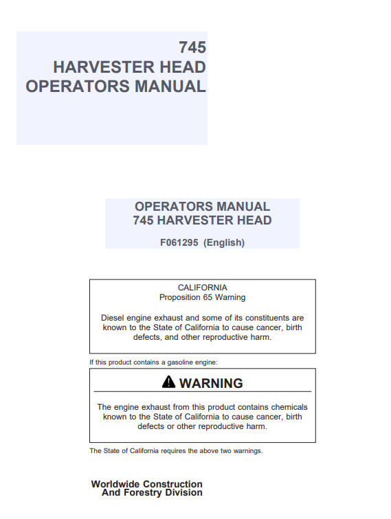 JOHN DEERE 745 HARVESTER HEAD OPERATOR MANUAL F061295