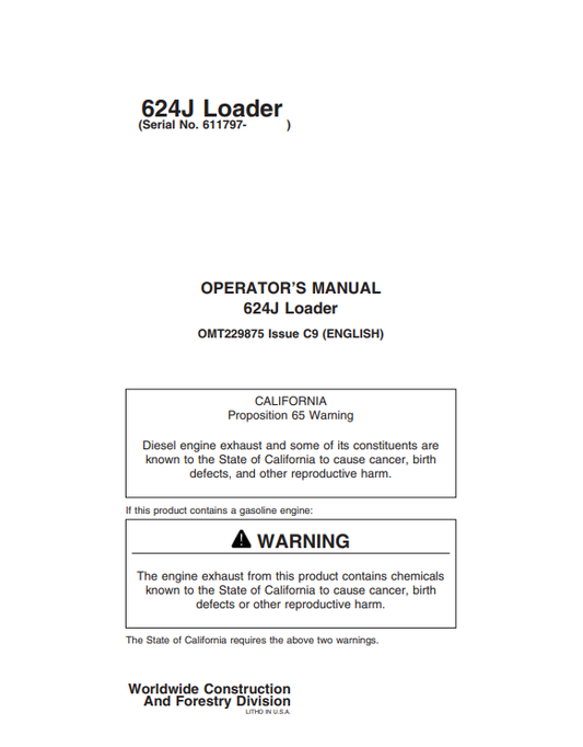 JOHN DEERE 624J LOADER OPERATOR MANUAL OMT229875