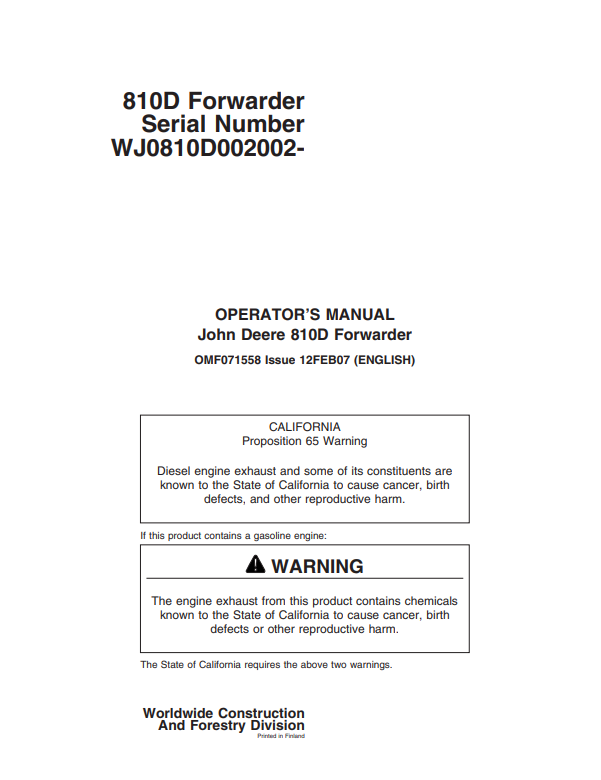 JOHN DEERE 810D FORWARDER OPERATOR MANUAL OMF071558