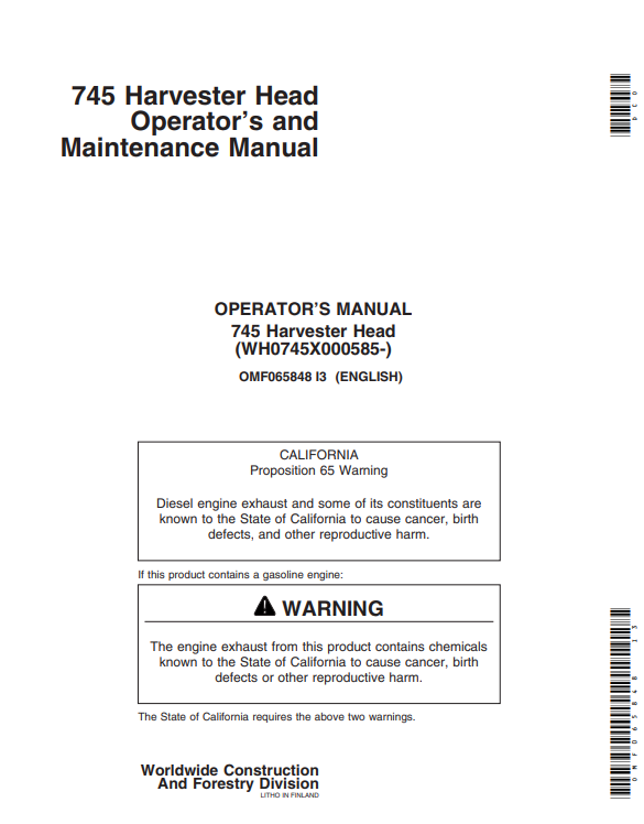 JOHN DEERE 745 HARVESTING HEAD OPERATOR AND MAINTENANCE MANUAL OMF065848