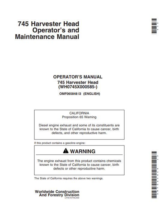 JOHN DEERE 745 HARVESTING HEAD OPERATOR AND MAINTENANCE MANUAL OMF065848