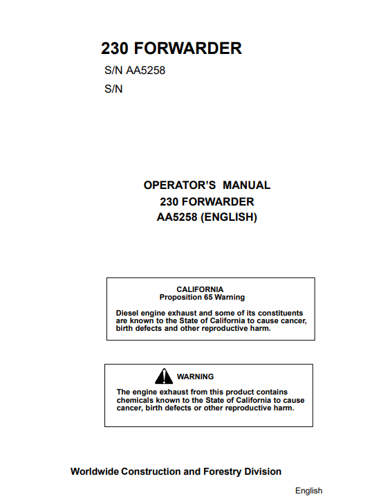 JOHN DEERE 230 FORWARDER OPERATOR MANUAL AA5258