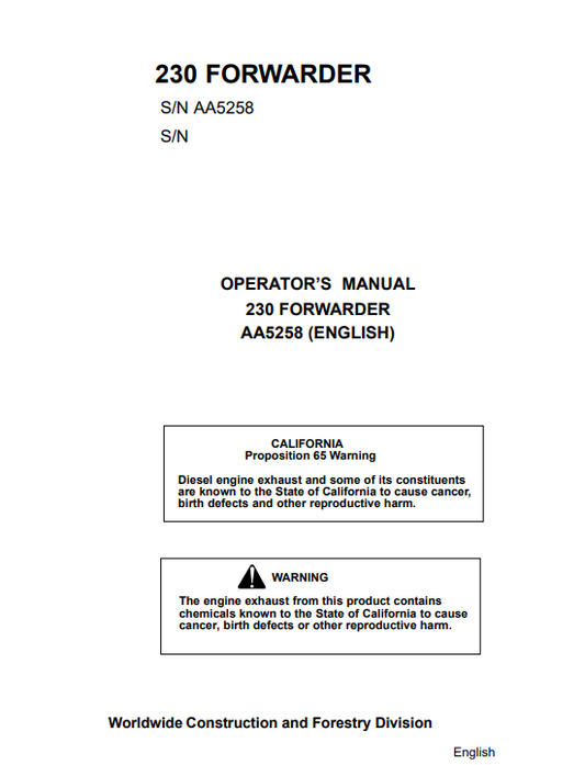 JOHN DEERE 230 FORWARDER OPERATOR MANUAL AA5258