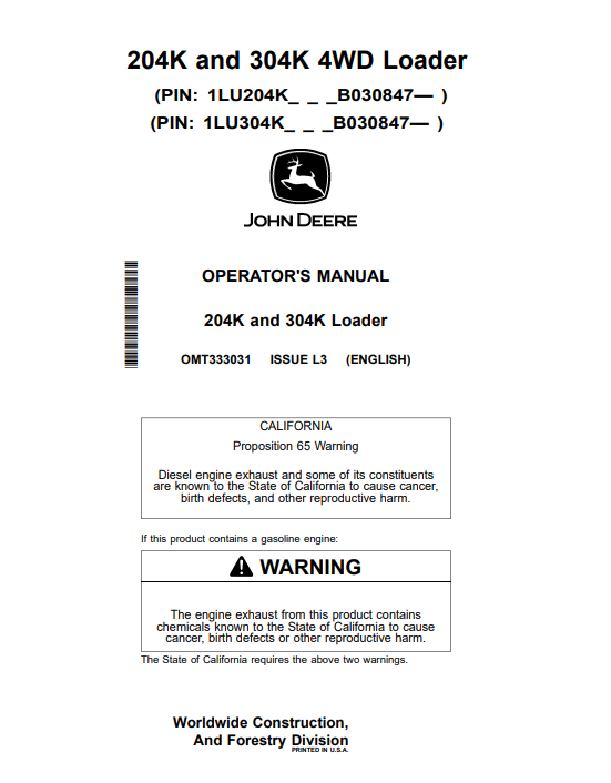 JOHN DEERE 204K AND 304K LOADER OPERATOR MANUAL OMT333031