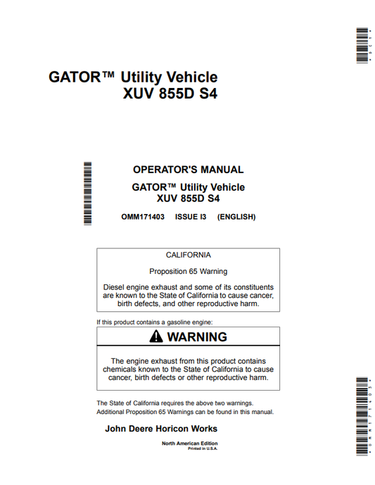 JOHN DEERE GATOR™ UTILITY VEHICLE XUV 855D S4 OPERATOR MANUAL OMM171403