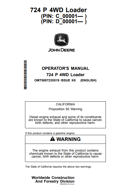 JOHN DEERE 724 P 4WD LOADER OPERATOR MANUAL OMT505723X019