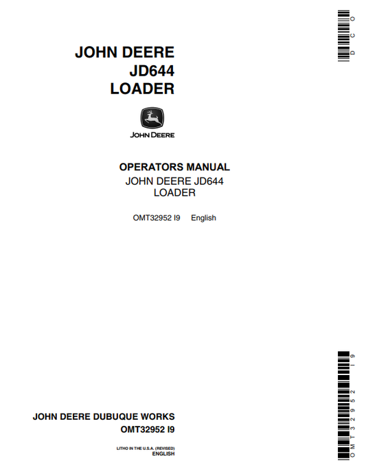 JOHN DEERE JD644 LOADER OPERATOR MANUAL OMT32952