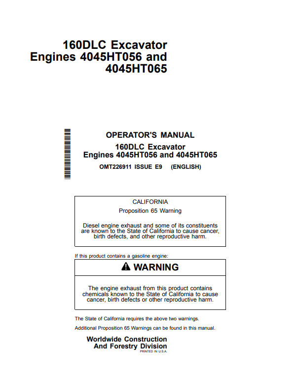 JOHN DEERE 160DLC EXCAVATOR ENGINE 4045HT056 AND 4045HT065 OPERATOR MANUAL OMT226911