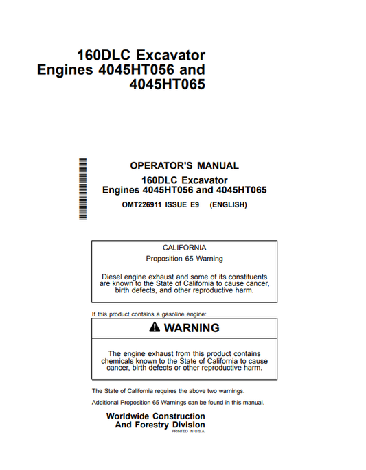 JOHN DEERE 160DLC EXCAVATOR ENGINE 4045HT056 AND 4045HT065 OPERATOR MANUAL OMT226911