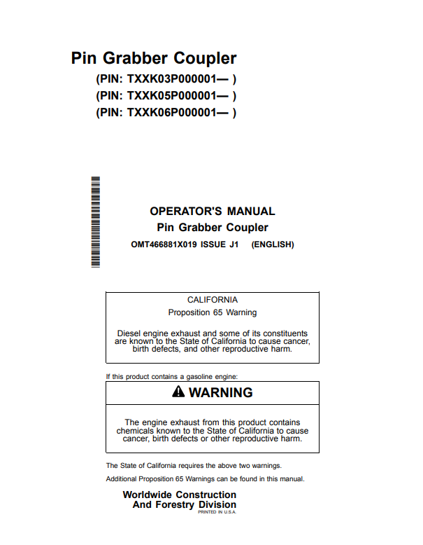 JOHN DEERE 35G, 50G, 60G PIN GRABBER COUPLER OPERATOR MANUAL OMT466881X019