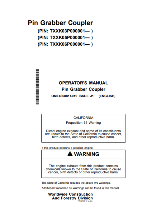 JOHN DEERE 35G, 50G, 60G PIN GRABBER COUPLER OPERATOR MANUAL OMT466881X019
