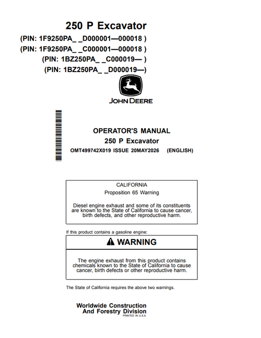 JOHN DEERE 250 P EXCAVATOR OPERATOR MANUAL OMT499742X019