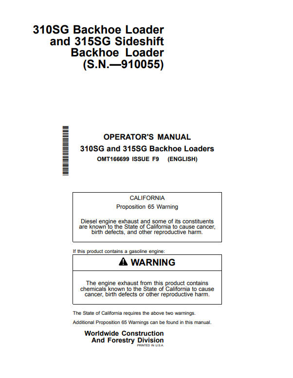 JOHN DEERE 310SG, 315SG BACKHOE LOADER OPERATOR MANUAL OMT166699